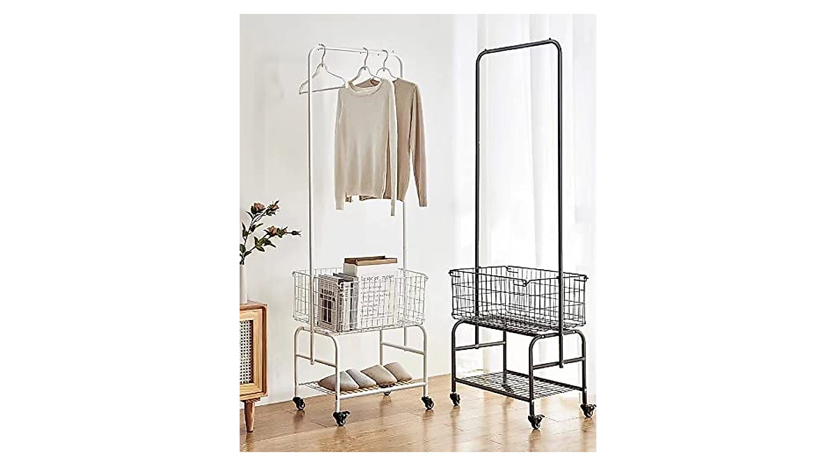 Portable White Garment Rack with Basket and Shoes Storage