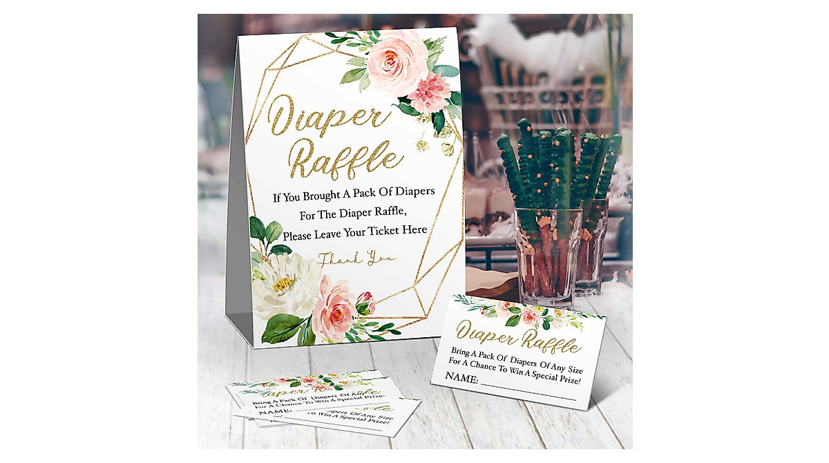 Baby Shower Diaper Raffle Tickets & Sign Kit - Pink Flowers
