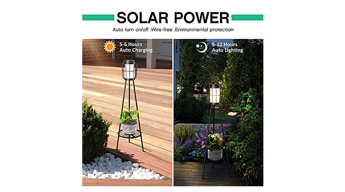 VISFLAIR 2-Pack Solar Floor Lamps – Solar Lights With Plant Stand, Waterproof For Patio & Garden Decor
