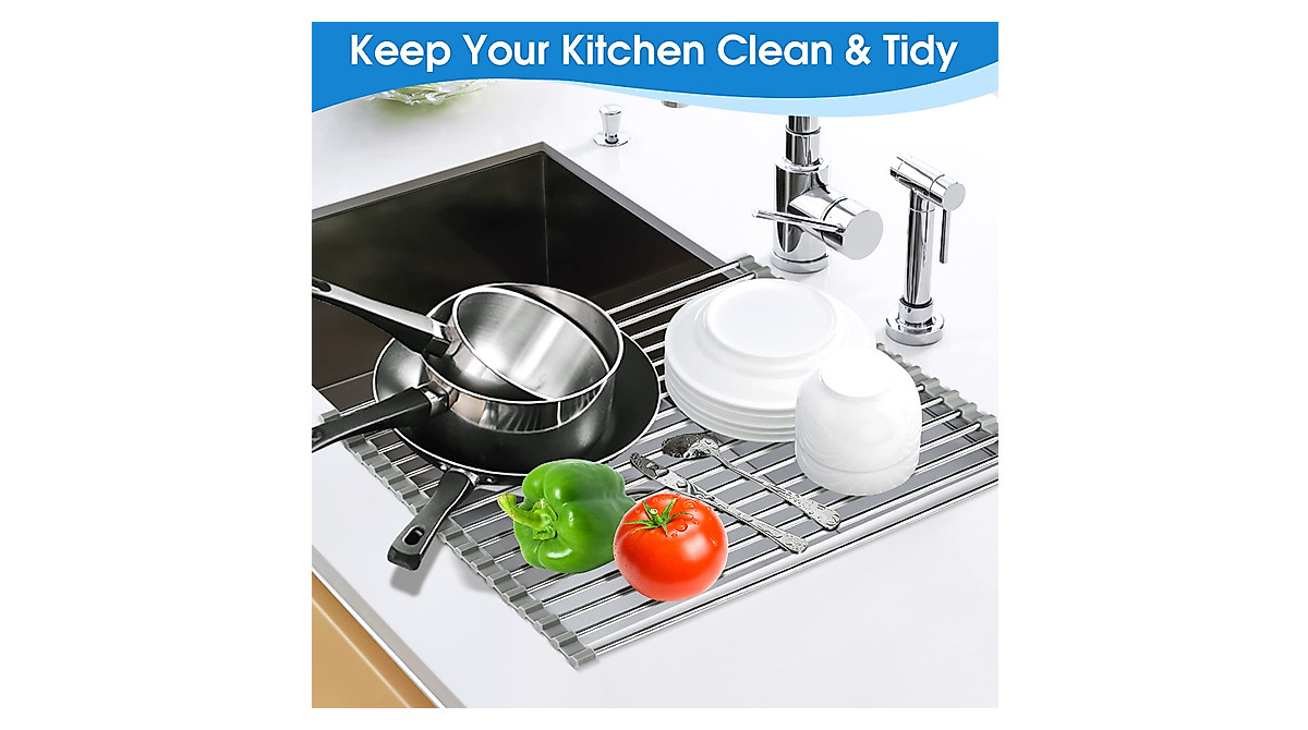 AOUAO Roll Up Dish Drying Rack - Space-Saving Stainless Steel Over Sink