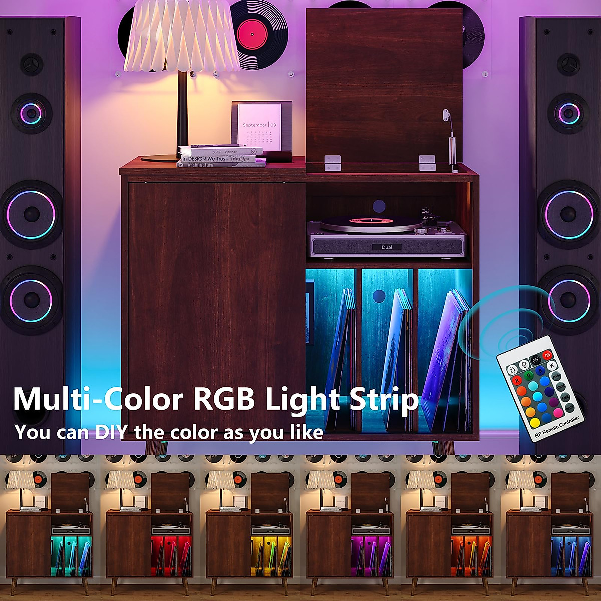 Furomate Vinyl Record Player Stand with Storage & LED Lights