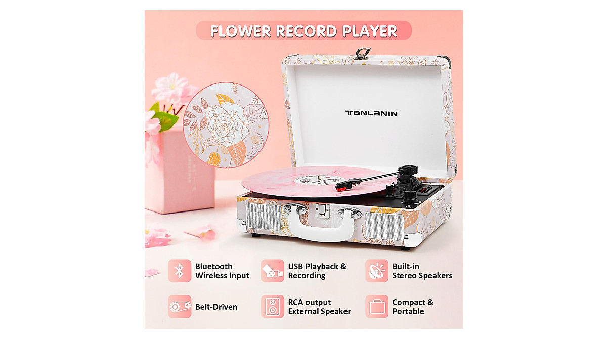 Pink Floral Vintage Bluetooth Record Player - USB & Portable