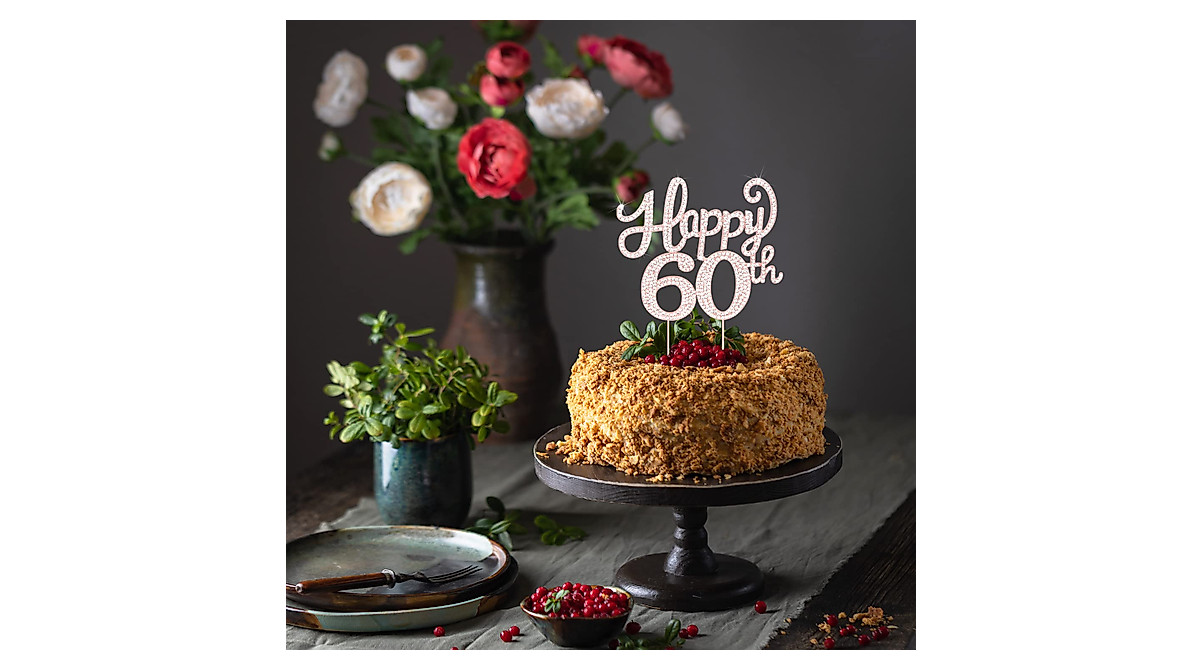 Happy 60th Birthday Rose Gold Rhinestone Cake Topper - Celebrate in Style