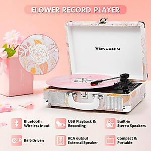 Pink Floral Vintage Bluetooth Record Player - USB & Portable