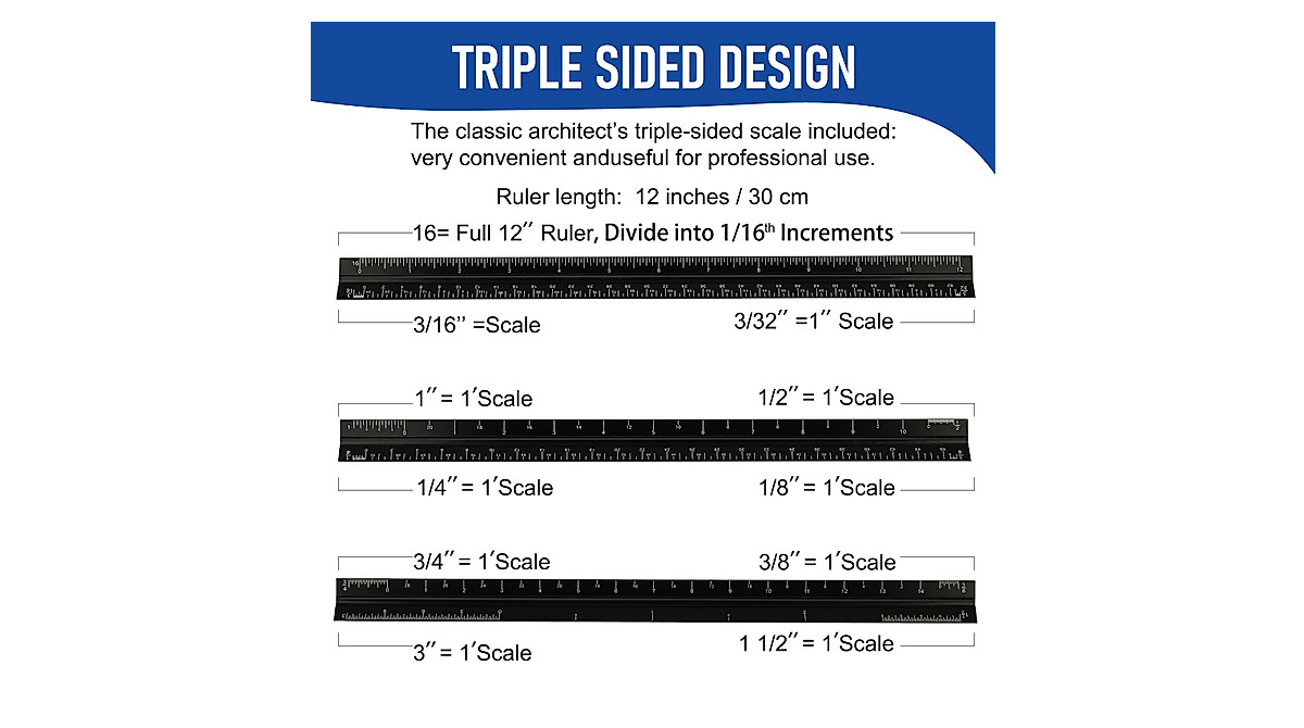 Architectural Scale Ruler 12'' for Blueprints & Engineering Drafting