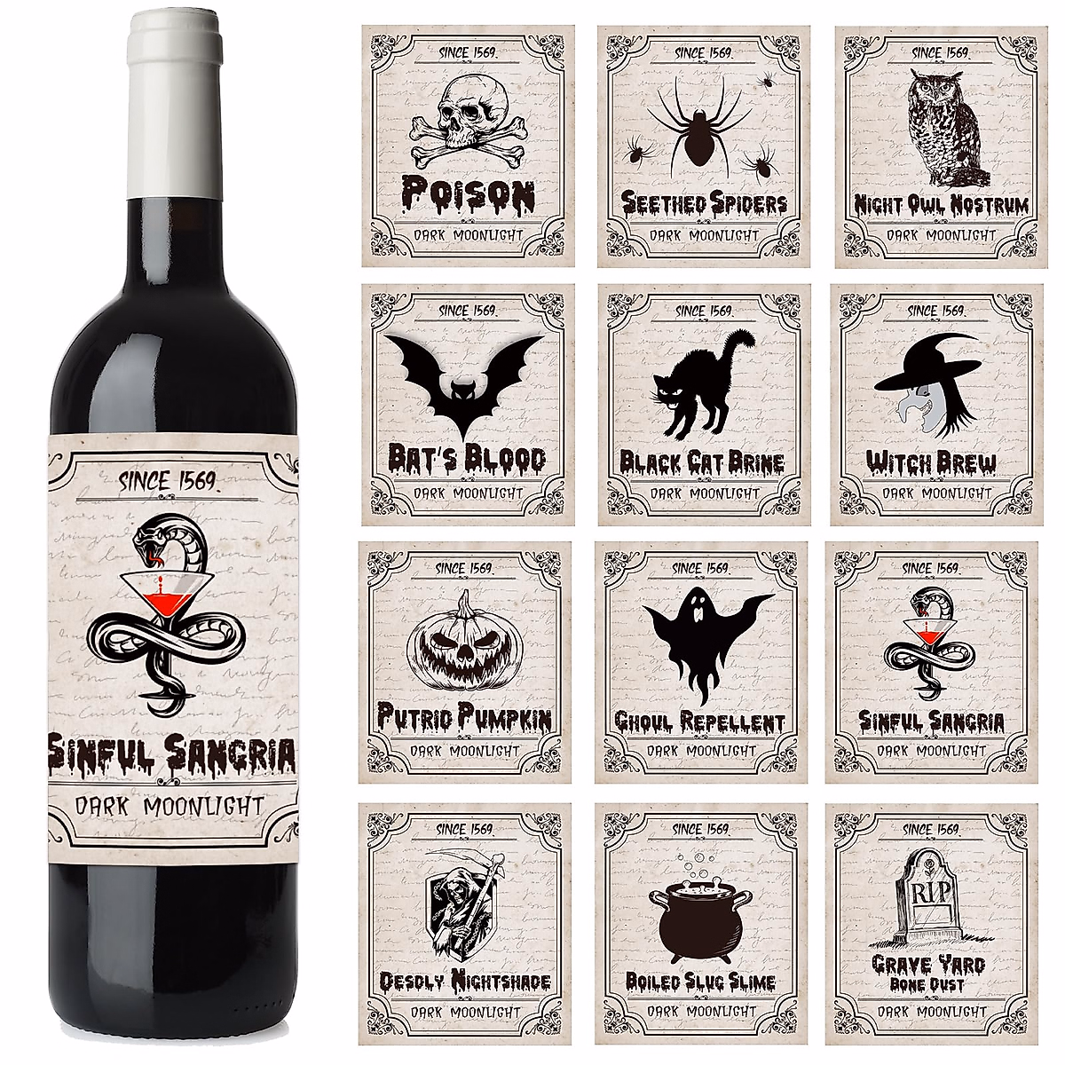 XEFINAL 12 PCS Halloween Bottle Labels for Spooky Decor