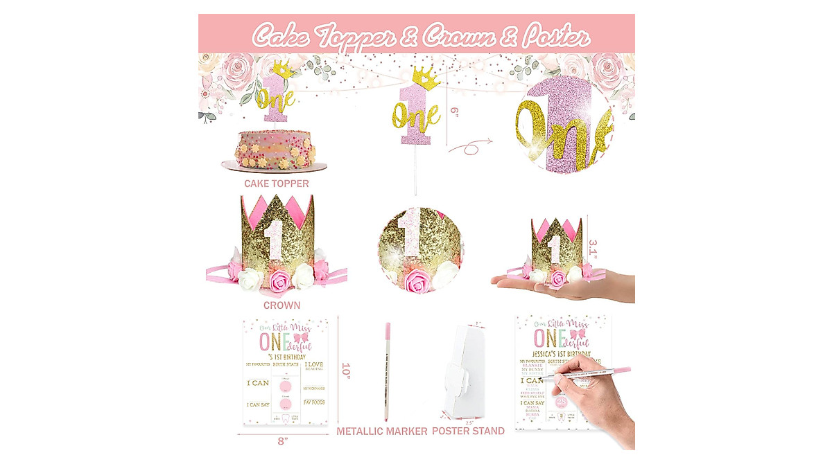 125 PCS First Birthday Decorations for Girl - Cute Pink Gold Party Supplies