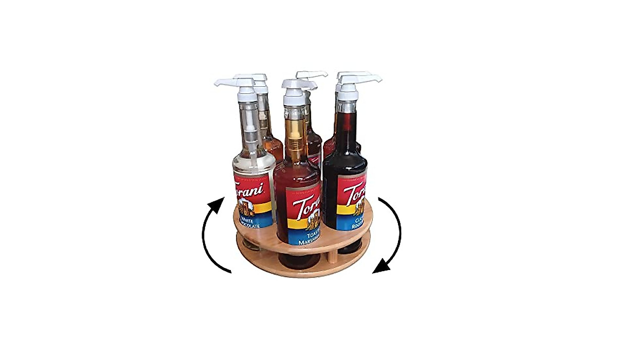 PASAR 7-Bottle Rotating Bamboo Syrup & Oil Rack for Kitchen & Bar