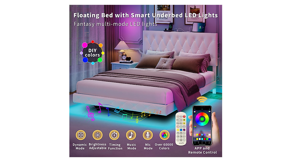 Full Size Lift Up Storage Bed Frame with LED Lights & Charging Station