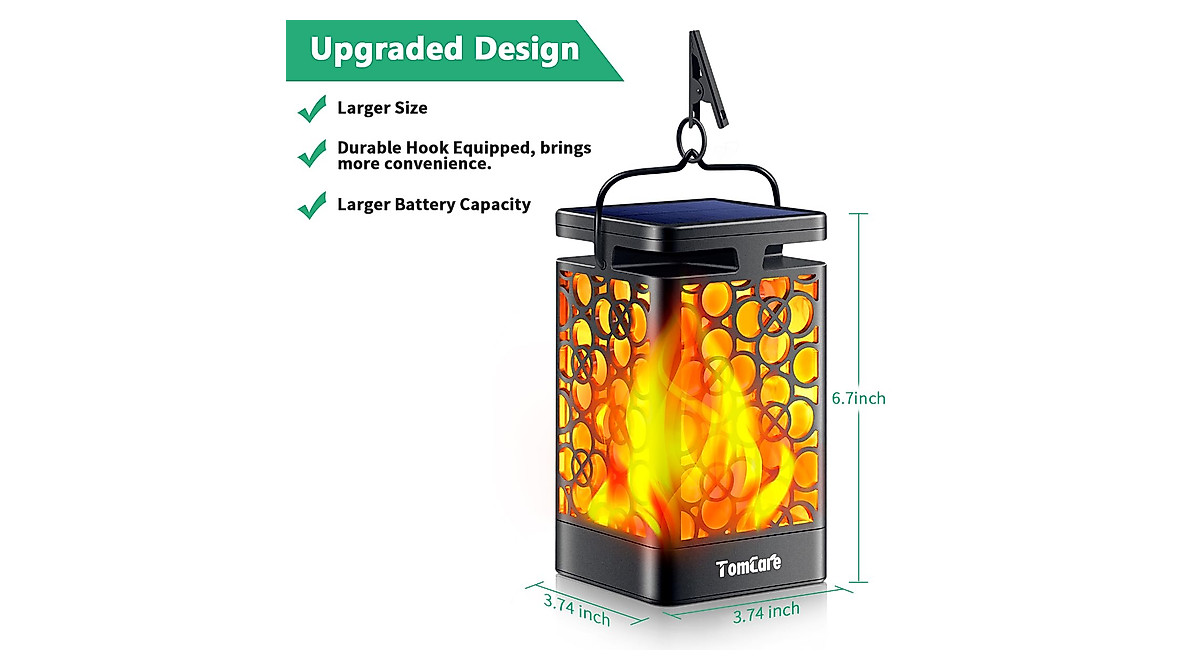 TomCare Upgraded Solar Lantern 2-Pack – Flickering Flame Outdoor Hanging Lights, IP65 Waterproof, Large Solar Panel, 2000mAh Battery, For Patio, Garden, Deck, Yard