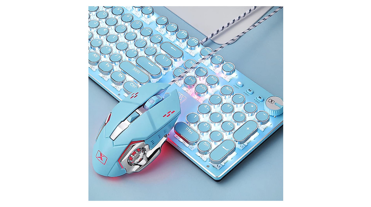 Retro Steampunk Gaming Keyboard & Mouse Combo - Blue LED Backlit