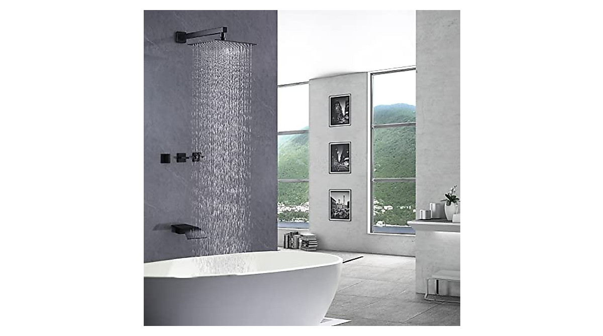 Shower Faucet Set With Tub Spout Wall Mount Shower Faucet With Tub Spout Pressure Balance Valve Black Shower System Set With Hand Shower 10 Inch Shower Head Set - Bed Bath
