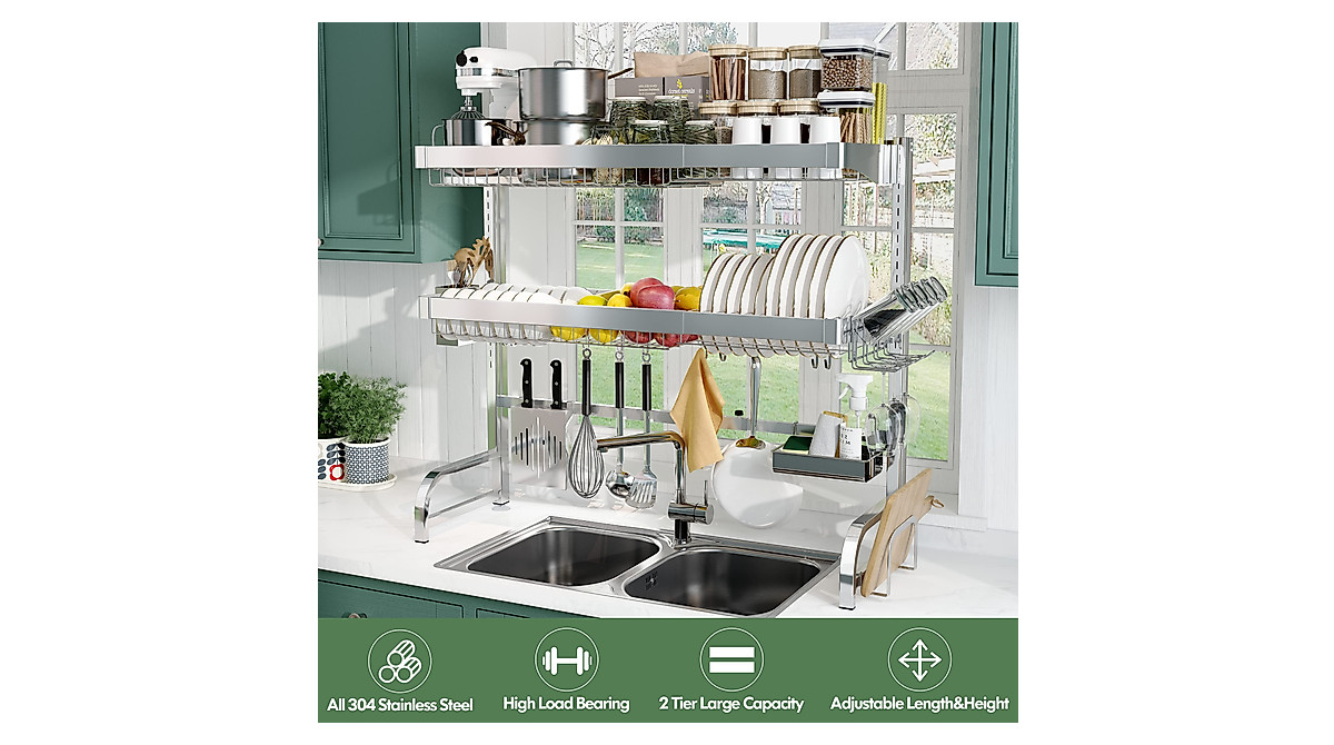 BOOSINY Adjustable Over Sink Dish Drainer - Large Stainless Steel Rack