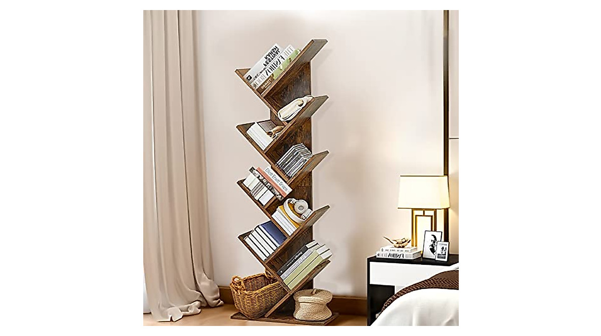 PRIJESSE 9 Shelf Tree Bookshelf, Retro Wood Bookcase, Free-Standing ...