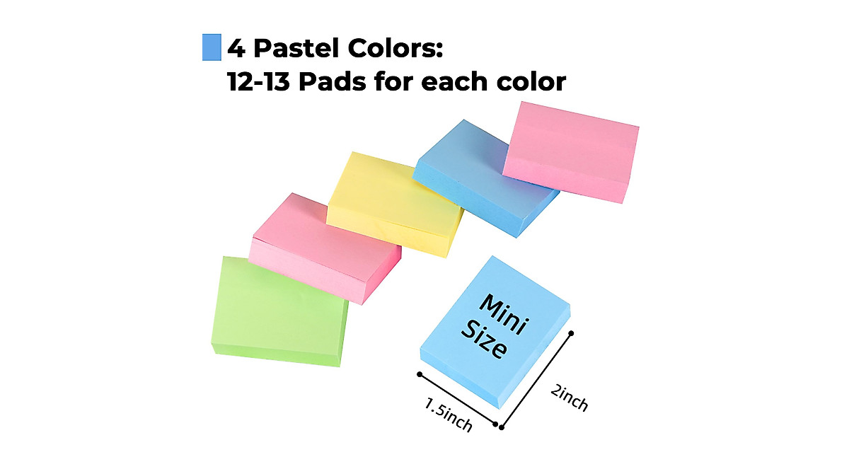 Mini Sticky Notes Bulk Pack - Bright Pastel 50 Pads for Office & School
