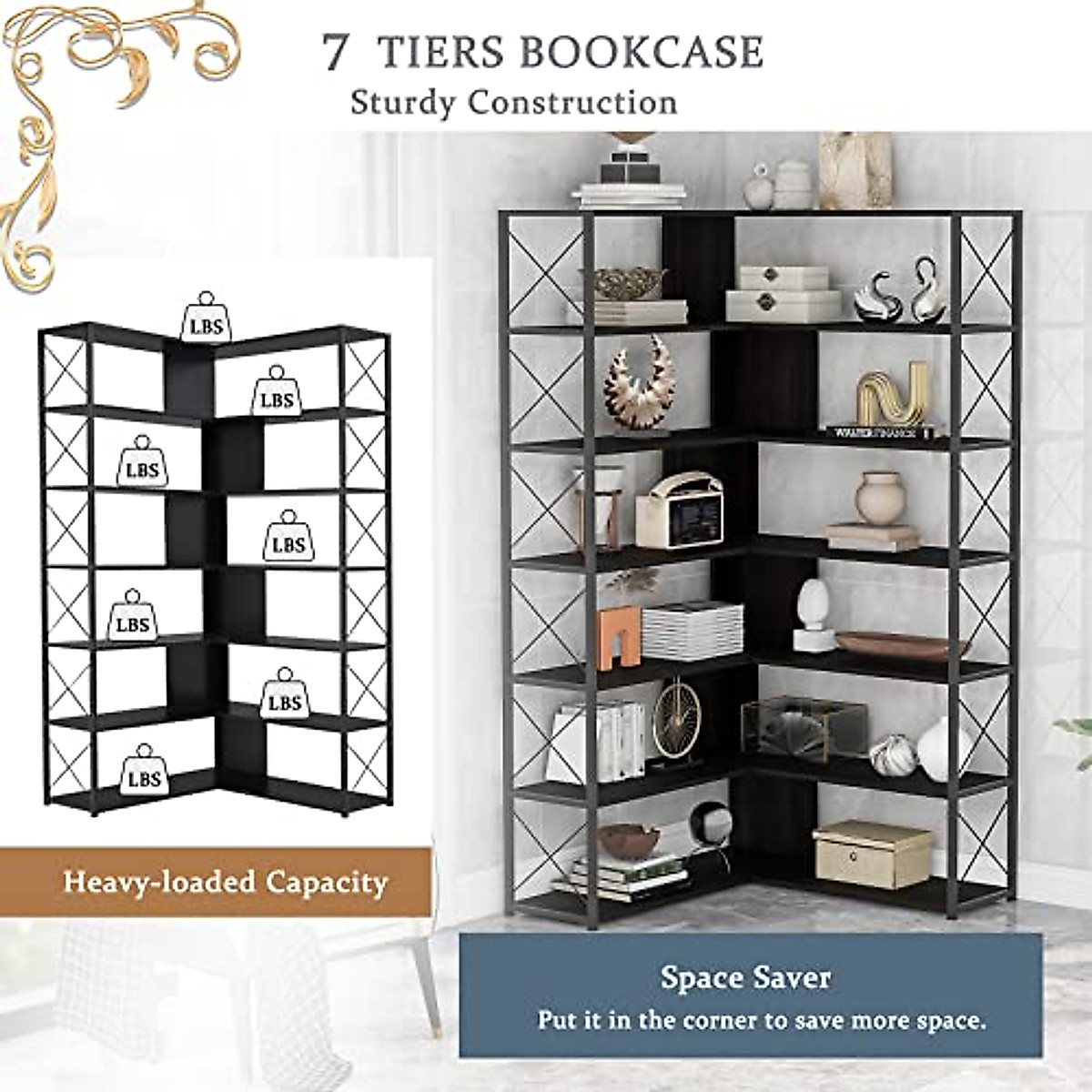 EPOFIT 7 Shelf Corner Bookshelf - Modern Industrial L-Shaped Storage