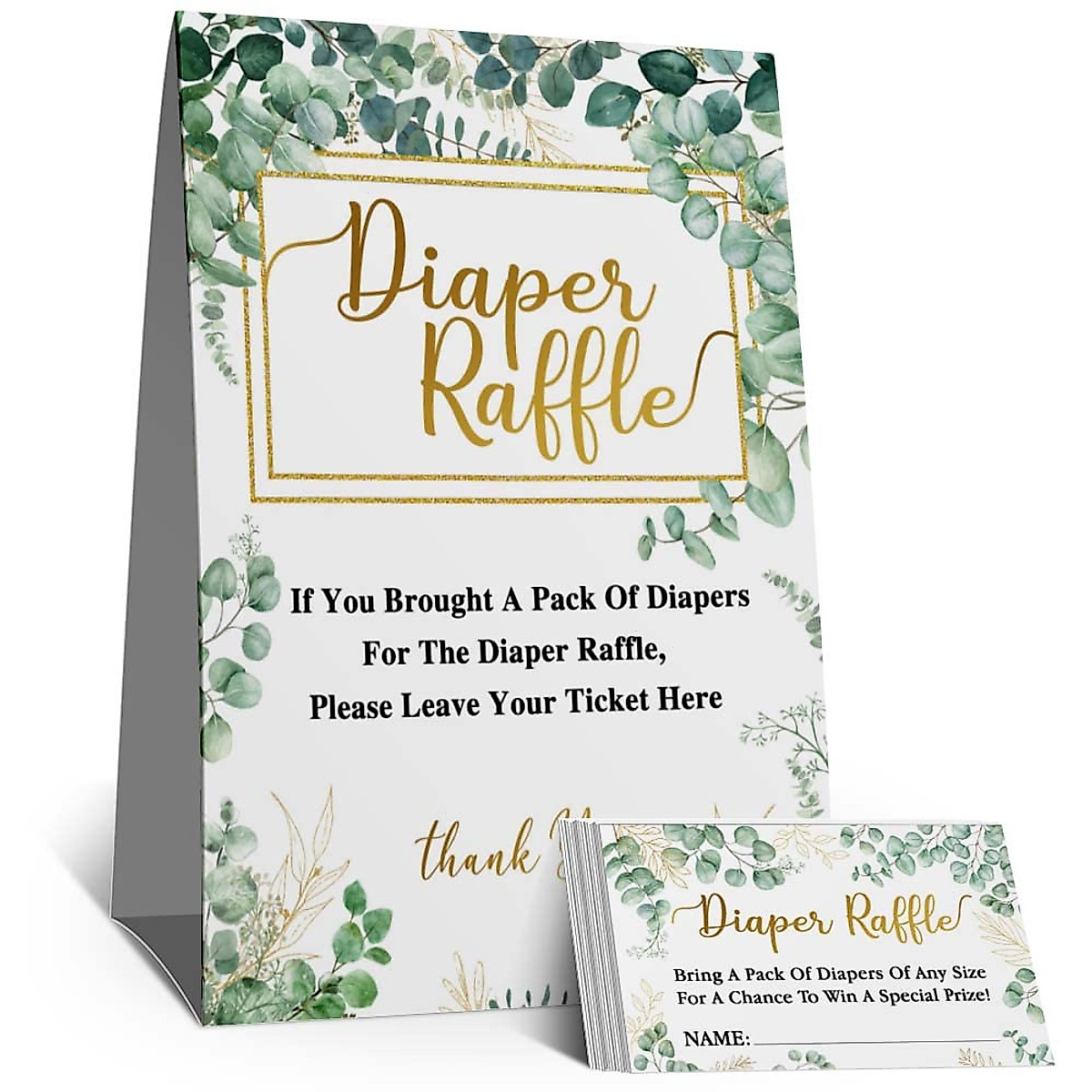 Diaper Raffle Baby Shower Game Sign & Cards - Greenery Theme