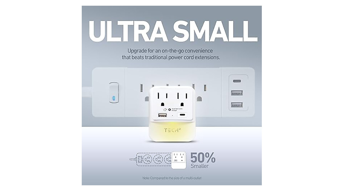 Tech2 Surge Protector with Night Light – 2 Outlets & USB Ports