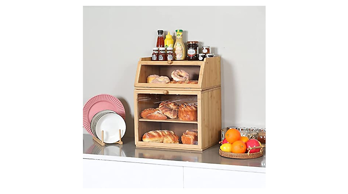 X-cosrack Large Bamboo Bread Box with Adjustable Compartments
