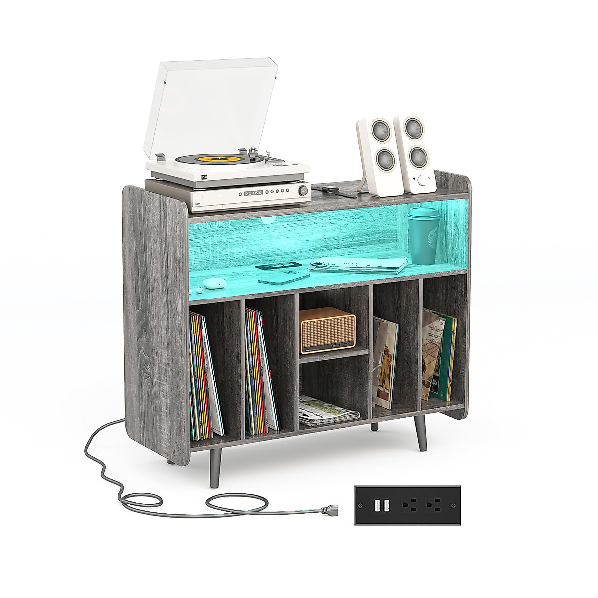 PakaLife Record Player Stand - Large Vinyl Storage & LED Lights