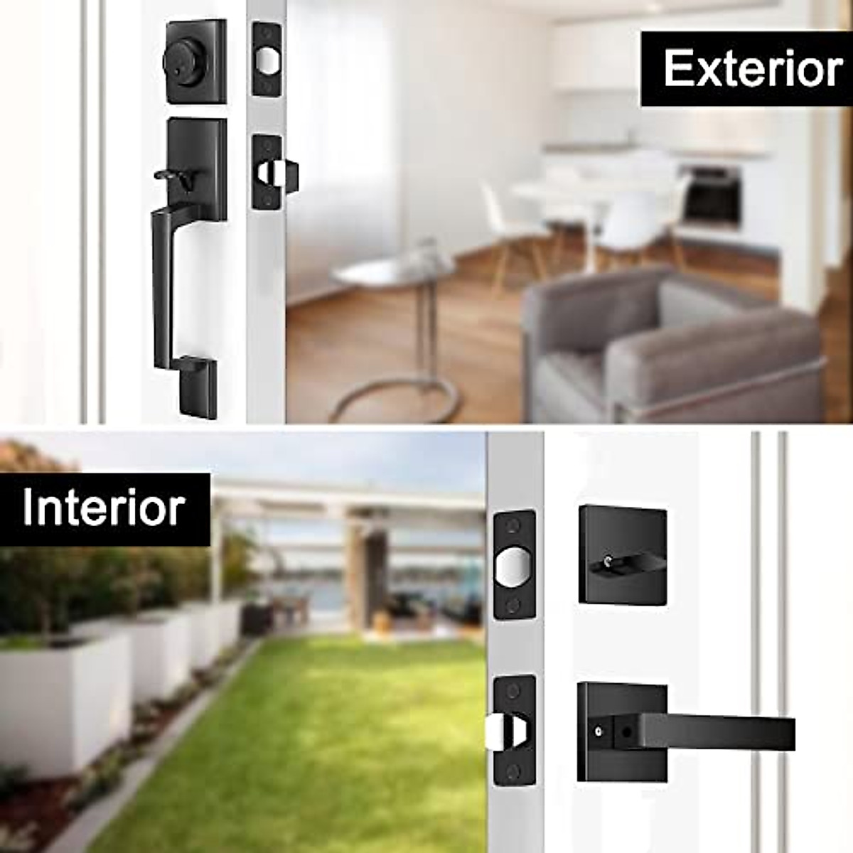 Double Front Door Handle Set – Matte Black With Dummy Handle, Adjustable Deadbolt, Reversible Lever For 1-3/8" To 1-3/4" Doors