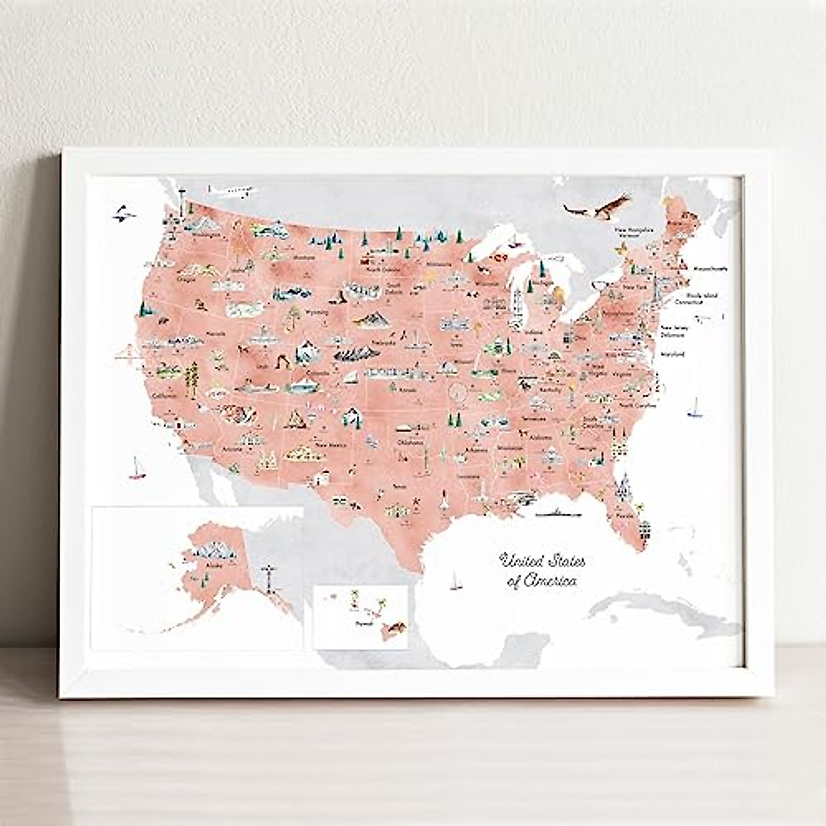 Pink U.S. Illustrated Map Art Print for Home & Classroom Decor