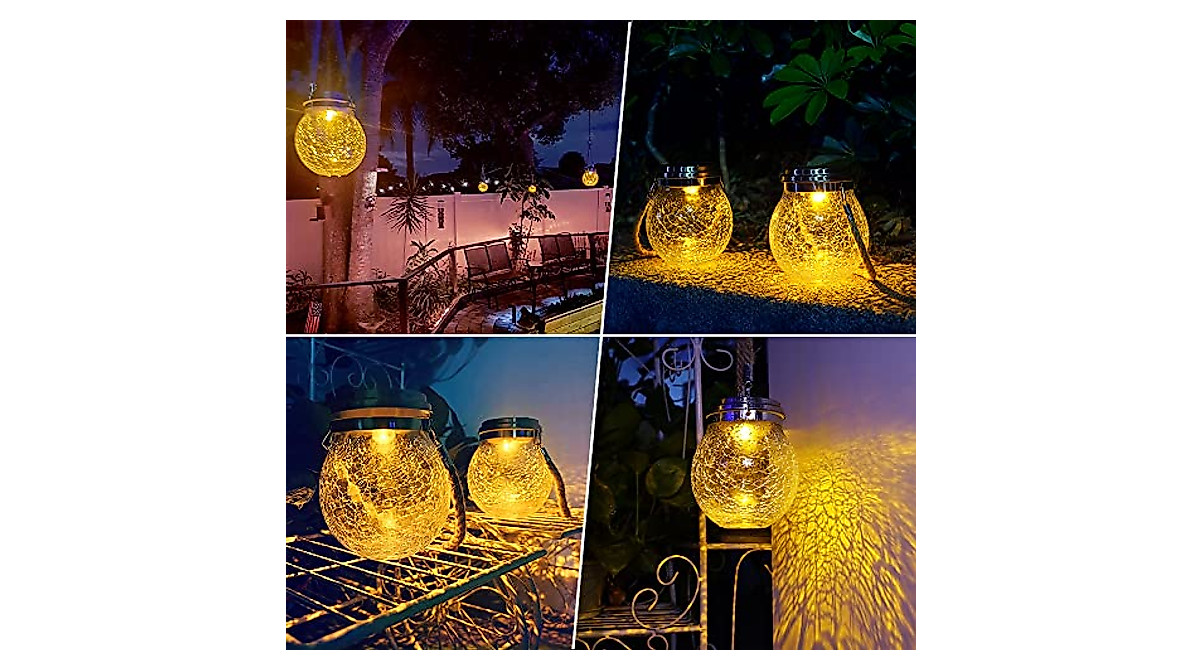 DBF Solar Lights Crackle Glass Ball, Amber Warm LED Hanging