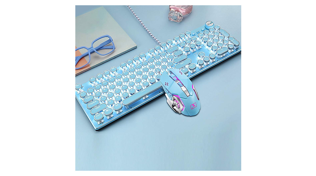 Retro Steampunk Gaming Keyboard & Mouse Combo - Blue LED Backlit
