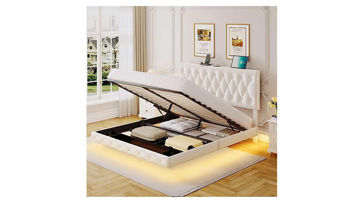 Full Size Lift Up Storage Bed Frame with LED Lights & Charging Station