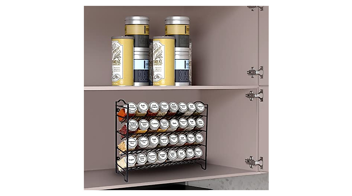 SWOMMOLY Spice Rack Organizer with 32 Glass Jars & Labels
