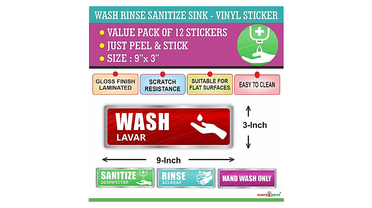 Wash Rinse Sanitize Sink Labels - (Pack of 12) 9