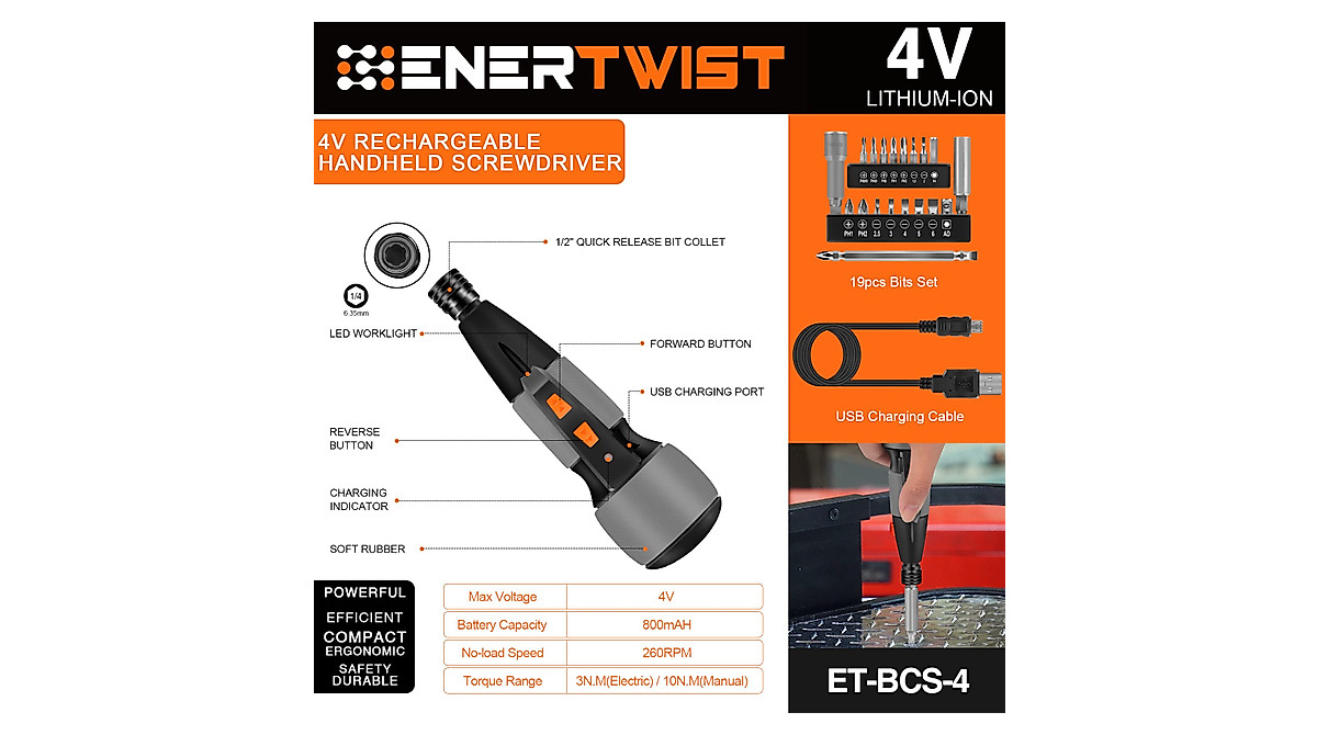 Enertwist 4V Cordless Electric Screwdriver Kit - Powerful & Versatile