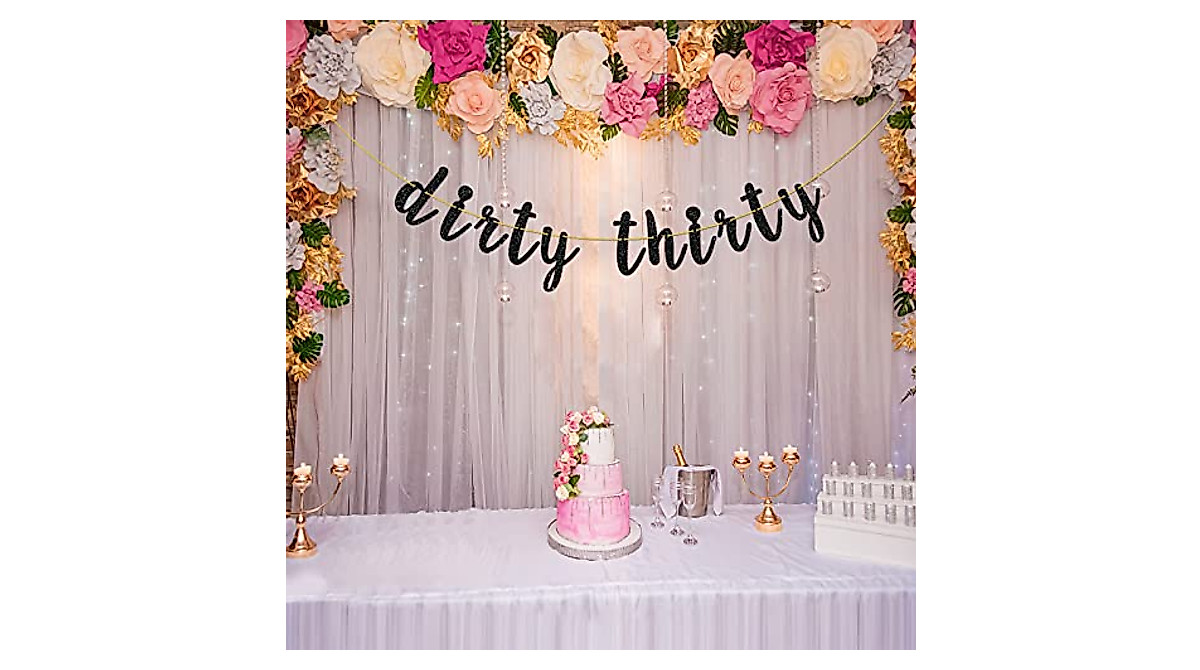 Helewilk Black Glitter Dirty Thirty Banner for 30th Birthday Party