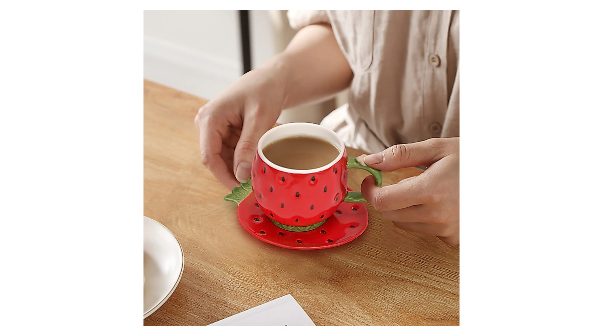 Noviko Strawberry Ceramic Tea Cup & Saucer - 8oz Red