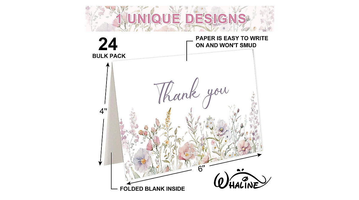 Whaline 24Pcs Pink Wildflower Thank You Cards Set