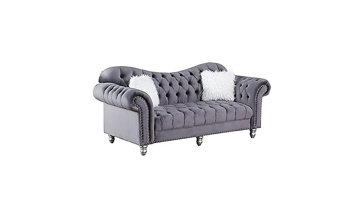 Elegant Chesterfield Sofa - Grey Velvet Living Room Couch