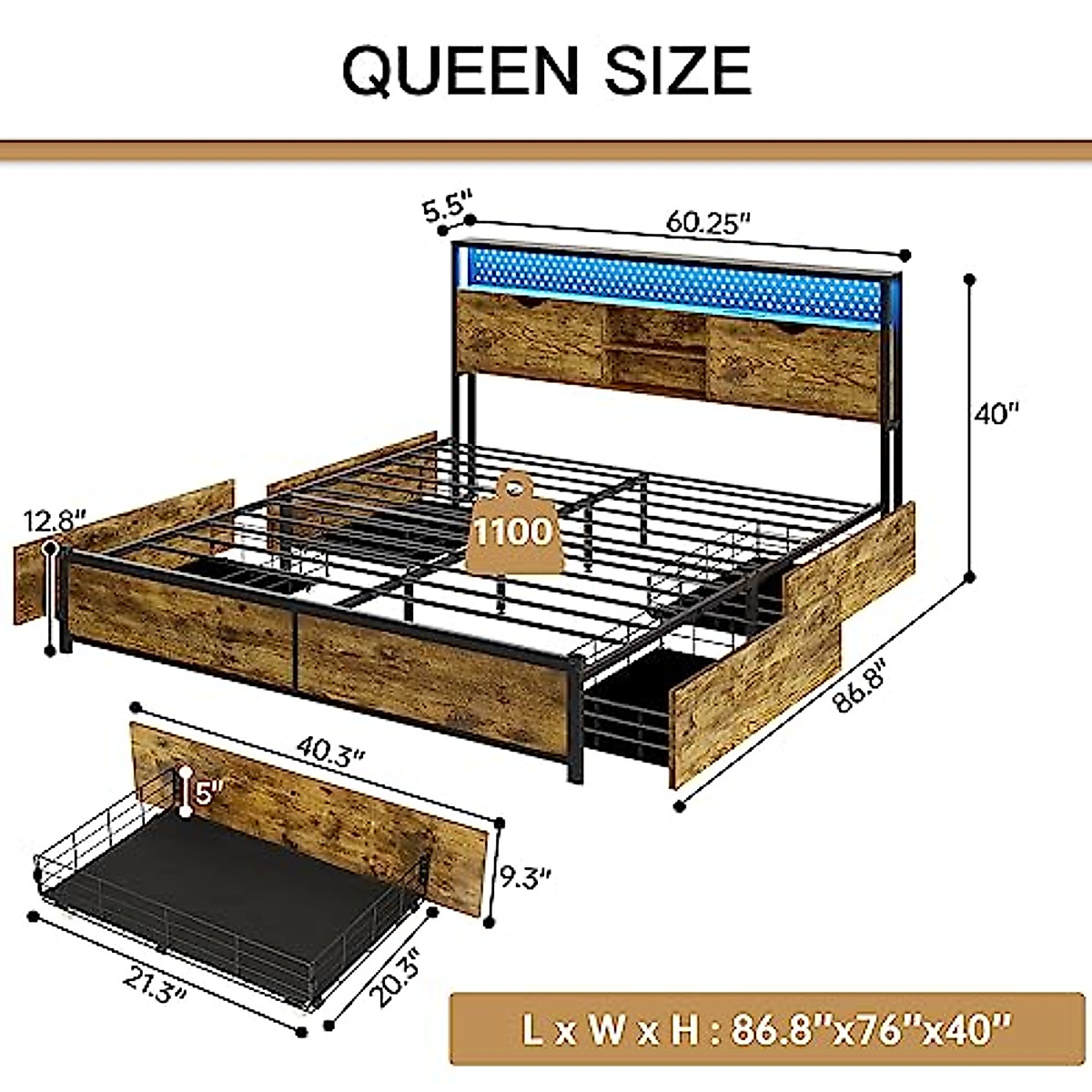 ADORNEVE Queen LED Bed Frame with Storage & Charging