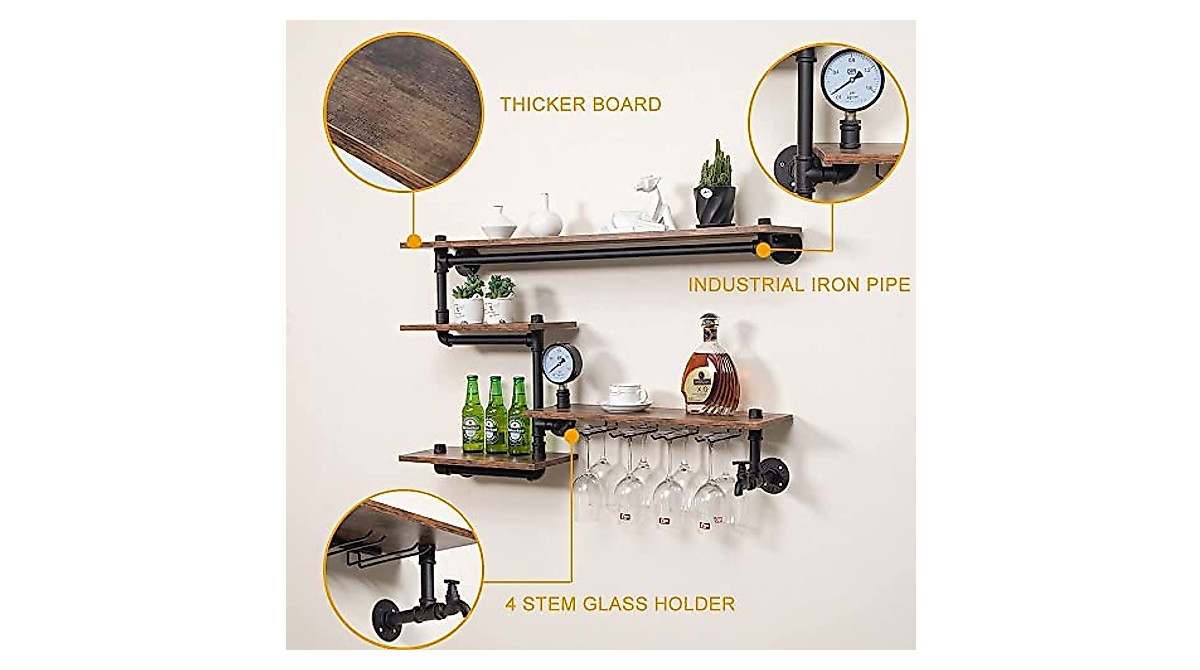 HEONITURE Wall Mounted Industrial Pipe Wine Rack | Rustic Home Bar Storage